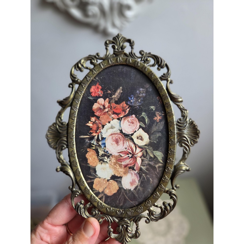 Vintage Italian Ornate Metal Frame Floral Print Gold Baroque Rococo Made Italy